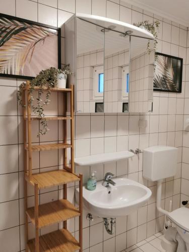 y baño con lavabo y espejo. en Sabrina's Ferienwohnung, en Hammelburg