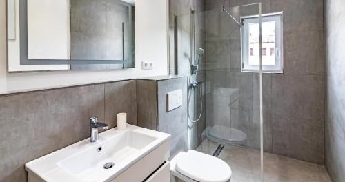 a bathroom with a sink and a toilet and a shower at Villa Patricija in Medulin