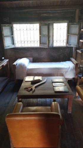 Zimmer mit einem Bett, einem Tisch und Fenstern in der Unterkunft HOSTEL CHACRAS in Ciudad Lujan de Cuyo