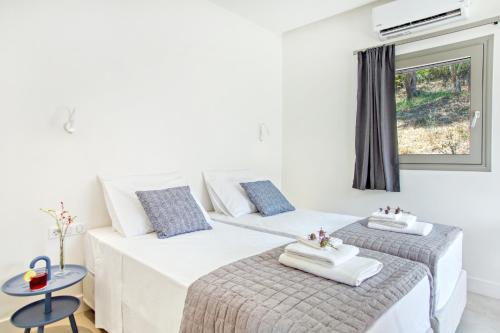 two beds in a white room with a window at Kumquart estate- Grape fruit in Aspiotádes