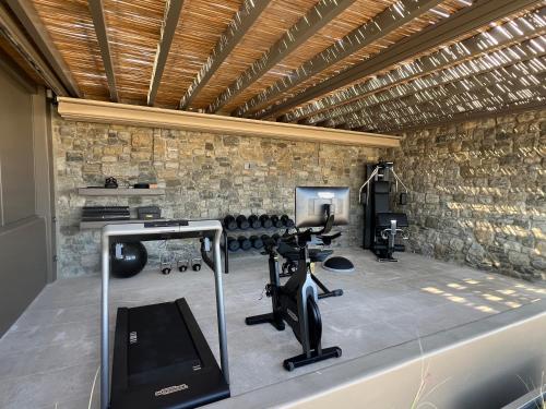 a fitness room with a gym with equipment in it at Bonzoe Suites & Villas in Mikonos