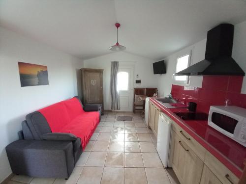 un salon avec un canapé rouge dans une cuisine dans l'établissement mini villa studio 1 pièce 19 m2 pour 2 personnes piscine partagée climatisation, à Porto-Vecchio