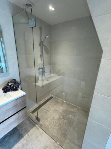 een badkamer met een douche en een wastafel bij Ontbijt bij De Boerenmeid in Hoogwoud