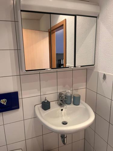 lavabo blanco en el baño con espejo en Gemütliche, sonnendurchflutete Ferienwohnung in Bodenseenähe am Säntisblick, en Herdwangen-Schönach