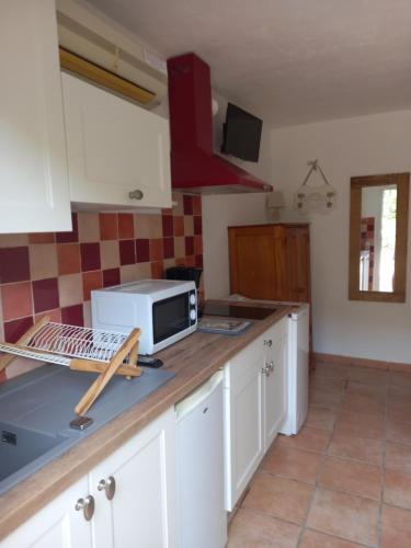 une cuisine avec des placards blancs et un four micro-ondes sur un comptoir dans l'établissement studio 1 pièce 16 m2 climatisé 2 personnes piscine partagée, à Porto-Vecchio