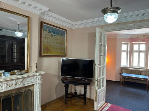 a living room with a television and a fireplace at City center apartment in Constanţa