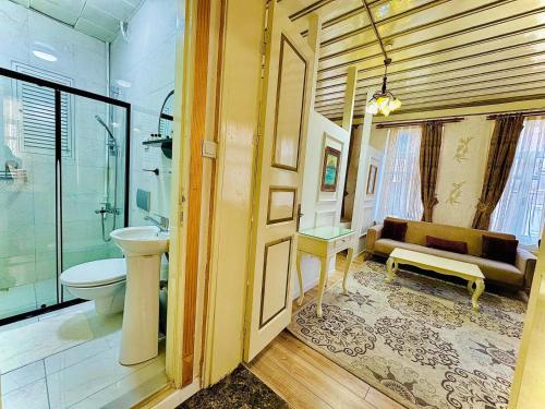 a bathroom with a toilet and a sink and a shower at Alhambra Apart Hotel in Istanbul