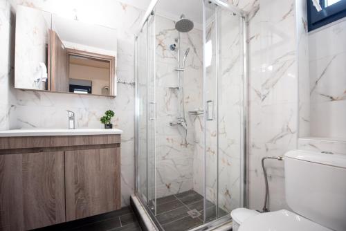 a bathroom with a shower and a toilet at Oasis Apartments in Kalliópi