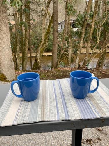 two blue cups sitting on top of a table at River Run Cottage Modern 2BR Waterfront Retreat in Linville Land Harbor in Newland