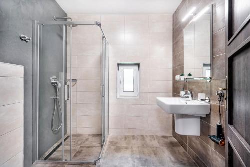 łazienka z prysznicem i umywalką w obiekcie Room Mesi w mieście Rozvadov