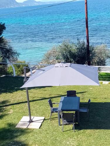 a table and chairs with an umbrella in the grass at Viktor's house by the sea in Boukari