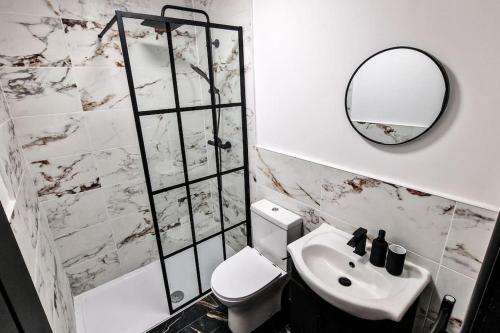 a bathroom with a sink and a toilet and a mirror at Spacious flat on Breck Road! in Liverpool