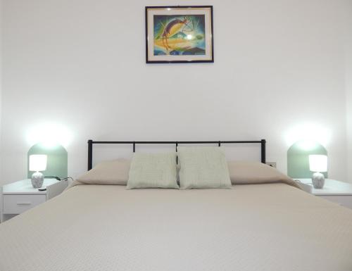 ein weißes Schlafzimmer mit einem großen Bett mit zwei Lampen in der Unterkunft Casa Lia - Independent apartment in the Gulf of Orosei in Galtellì