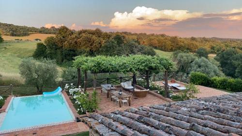 an aerial view of a backyard with a swimming pool at LA FORNACE in Asciano