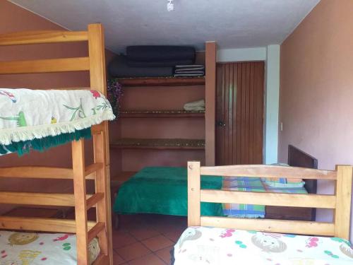 a room with two bunk beds and a bed and a ladder at Finca Agroturística El Portal in Gachetá