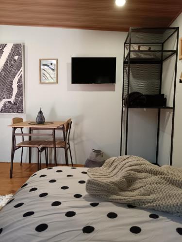 um quarto com uma cama, uma mesa e uma televisão em La Casita Verde em Boquete
