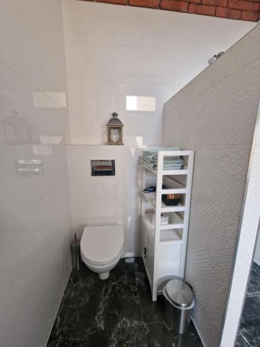 a bathroom with a toilet and a clock on the wall at Apartamenty Zakonne "Apartament Komtura" in Malbork