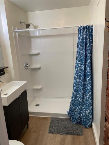 a bathroom with a shower with a tub and a sink at Portland International Guesthouse in Portland