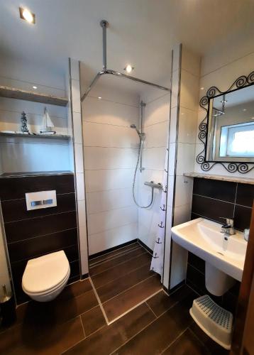 a bathroom with a toilet and a sink at Ferienhaus Kolibri, exklusiv und familiär in Neßmersiel mit Anbindung nach Baltrum in Neßmersiel