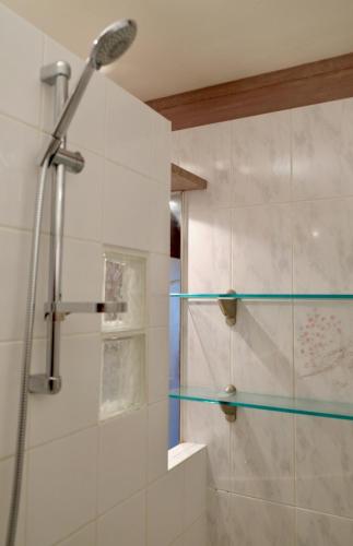 une salle de bain avec une douche avec une porte vitrée dans l'établissement Appartement lumineux, 80m2, au calme, 10mn à pieds de la plage, à Les Sables-dʼOlonne