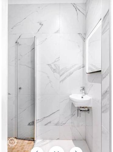 une salle de bain blanche avec une douche et un lavabo dans l'établissement Luxuriously furnished bright newly renovated oasis, à Nice