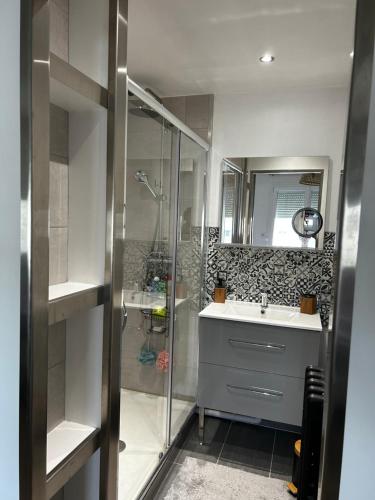 une salle de bain avec une douche, un lavabo et un miroir dans l'établissement Zen, à Caen