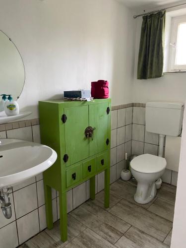a green cabinet in a bathroom with a toilet at Zentral gelegenes Zimmer mit Bad in Bietigheim-Bissingen