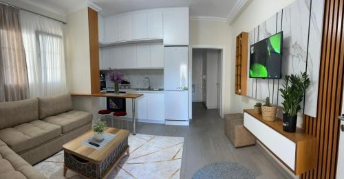 uma sala de estar com um sofá e uma cozinha em Comfy Ria's Apartment em Tirana