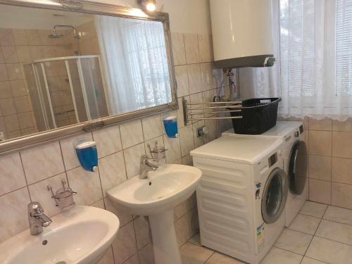 a bathroom with a washing machine and a sink at Apartmán Modré z nebe in Němčičky
