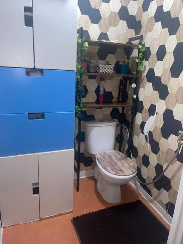 une salle de bain avec des toilettes blanches dans une chambre dans l'établissement Appartement Aubervilliers, à Aubervilliers