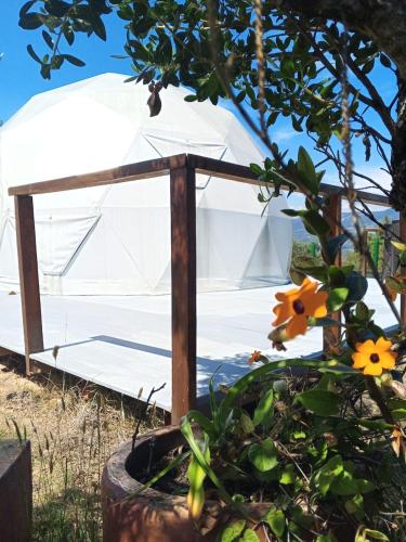 a bed in front of a white tent with flowers at Hospedaje Mafer in Guatavita