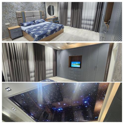 deux photos d'une chambre avec un lit et une télévision dans l'établissement Апартамент 2, à Samarcande