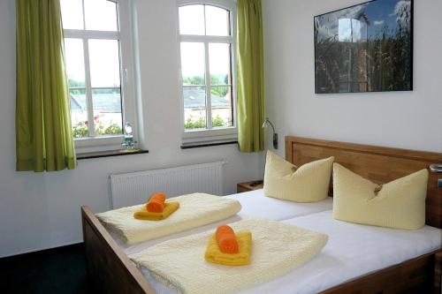 two twin beds in a room with windows at Pension und Ferienwohnung am Teich in Schleiz