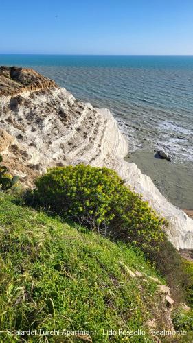 a rocky beach with grass and the ocean at Scala dei Turchi Apartment in Realmonte