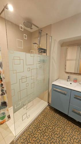 une salle de bain avec douche et lavabo dans l'établissement Cœur de Ville au pied du funiculaire, à Thonon-les-Bains