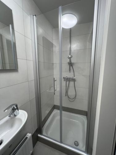 a bathroom with a shower and a sink at Weesby Süderstraße 3.3 in Weesby