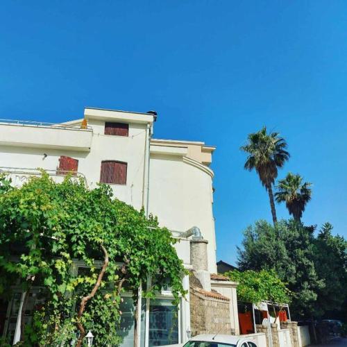 a white building with a car parked in front of it at Apartments Bonus in Budva