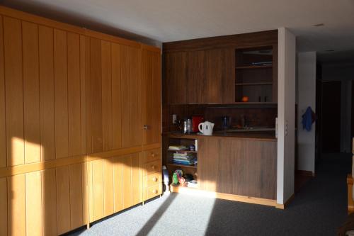 a kitchen with wood paneled walls and a counter at Bellevue in Pany