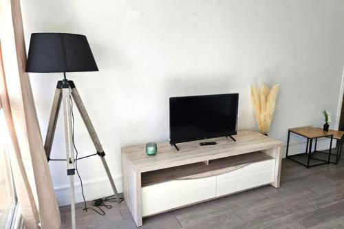 uma televisão num suporte numa sala de estar com um candeeiro em Agréable 2 pièces à Savigny sur Orge em Savigny-sur-Orge