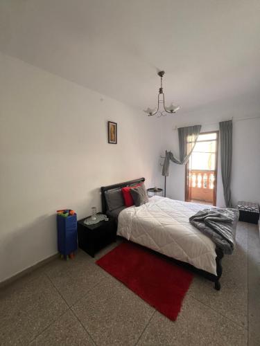 een slaapkamer met een bed en een rood tapijt bij Youss Appartement in Essaouira