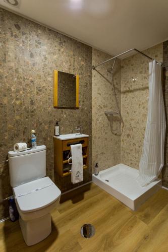 a bathroom with a toilet and a shower and a sink at 714 Mugnano House Aveleda in Vila do Conde