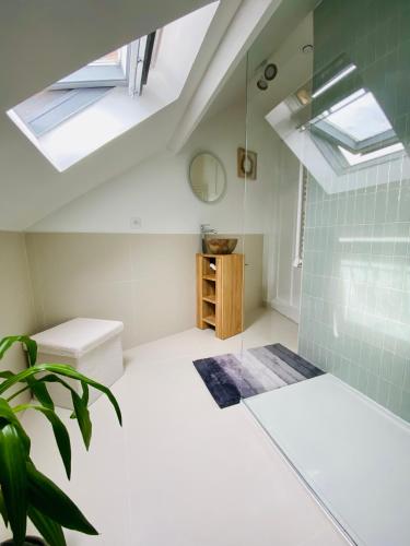 La salle de bains est pourvue d'une lucarne et d'une douche. dans l'établissement Lou & Moi Appartement à 50m de la plage, à Cayeux-sur-Mer