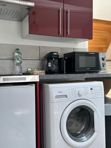 a kitchen with a washing machine and a microwave at Charmant Duplex en Centre-ville Proche du Puy-du-fouu in Cholet