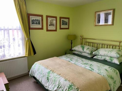 Dormitorio verde con cama y ventana en Flat G, 8 Castle Street, en Ludlow