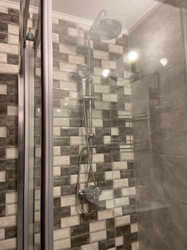 a shower in a bathroom with a glass door at Penelope's apartment Ι in Potamiá