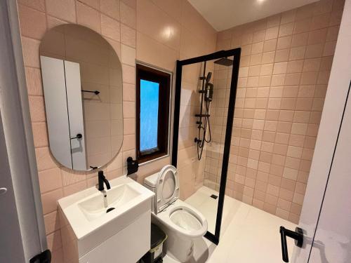a bathroom with a toilet and a sink and a mirror at บ้านพูลวิลล่าอุดรธานี by บ้านแสนรัก in Udon Thani