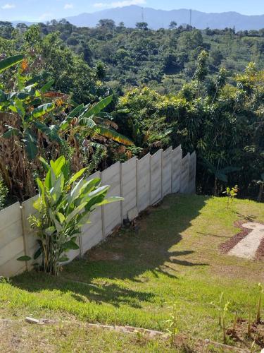 a white fence in front of a field with trees at Burios House in Alajuela City