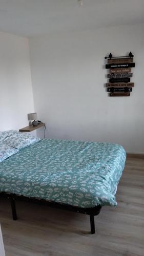 1 cama con edredón verde en una habitación en Appartement à l'étage, en Le Mesnil-Durand