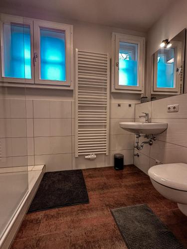 baño con lavabo, aseo y ventanas en Ferienwohnung Sonnenhof, en Niederstotzingen