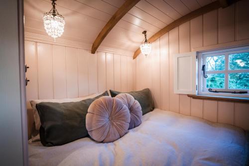 una camera con un letto con un cuscino sopra di The Garden Hut Cilcain a Mold
